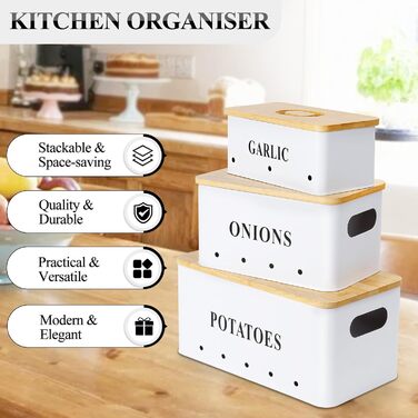 Набір контейнерів для картоплі, цибулі та часнику [3 шт] з бамбуковими кришками | Коробки для зберігання овочів з вентиляцією | Чорний