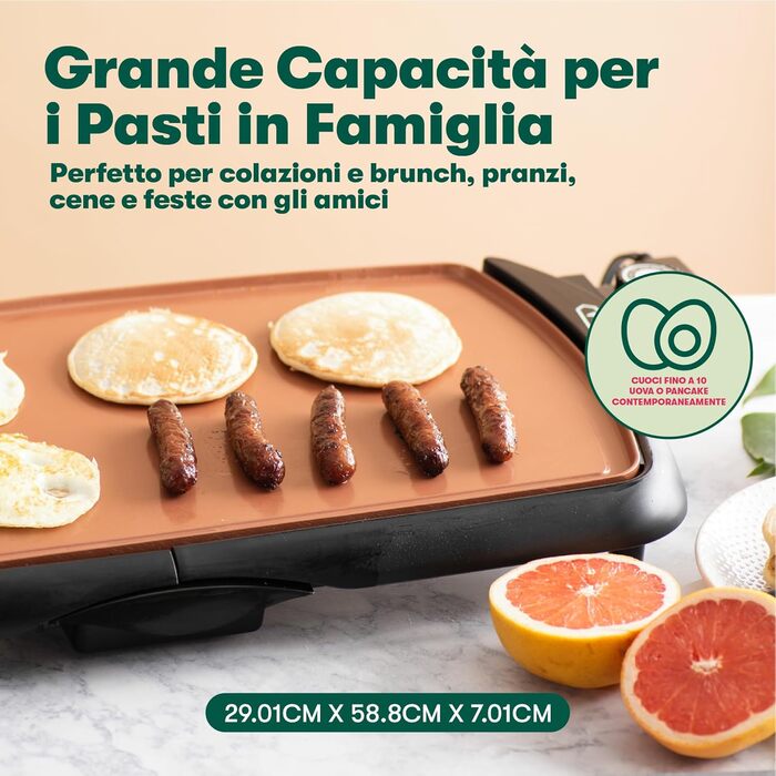 Електрична гриль-плита BELLA XL з керамічно-титановою поверхнею, для приготування 15 яєць одночасно, антипригарне покриття Healthy-Eco, велика глибока поверхня для приготування 30,5 x 56 см, колір: мідний/чорний