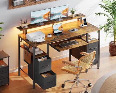 Ігровий стіл Seventable з LED підсвіткою, розетками та USB портами, шухлядами, підставкою для клавіатури та монітора (120x47x87 см, вінтажний коричневий)