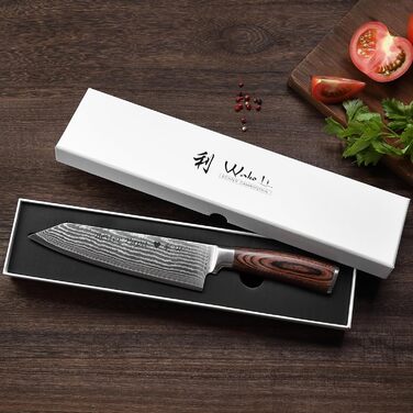 Японський ніж Wakoli EDIB Kiritsuke з дамаської сталі (серцевина VG10), 20 см – професійний ніж для кухні та приготування їжі, з ручкою з паккавуда, у подарунковій коробці з гравіюванням