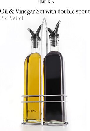 Набір дозаторів для оцту і масла A MIN A - (Андалусія) 250 мл / 2 пляшки для масла з подвійним скляним носиком і тримачем з нержавіючої сталі.