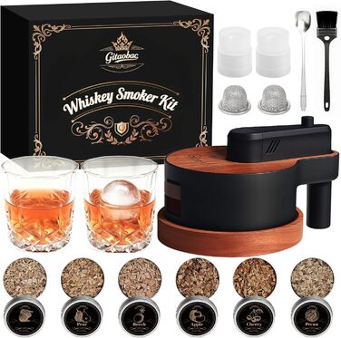 Набір для копчення віскі з інтегрованим запальничкою, 6 видів дерев'яної стружки, 2 склянки, 2 форми для льоду, набір для коктейлів, подарунок на Різдво та день народження для чоловіків, батька, чоловіка (БЕЗ бутану) (коричневий)