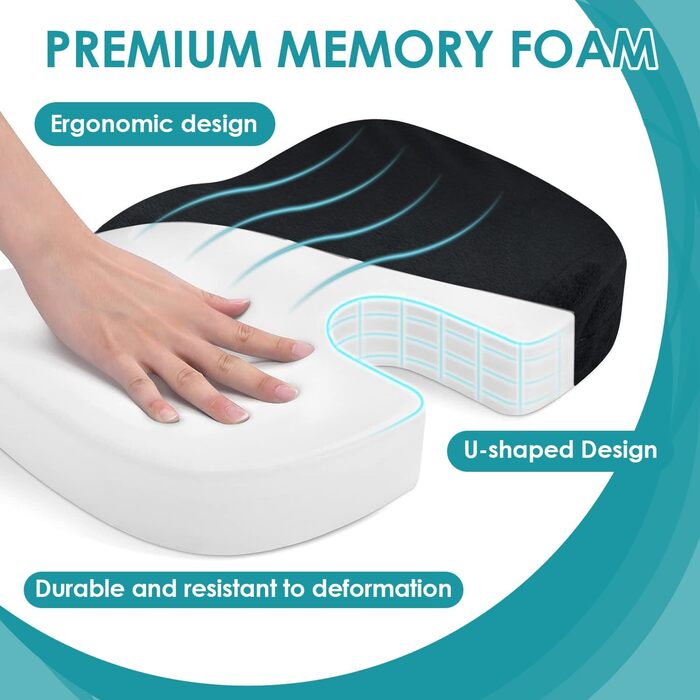 Ортопедична подушка для сидіння Memory Foam для стільця, авто, офісу, дому - HomDSim, чорна