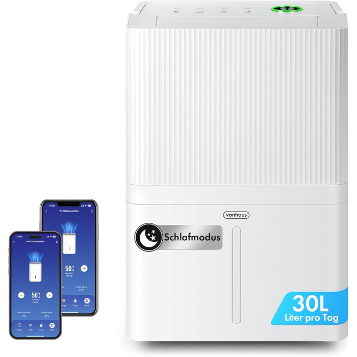 Електричний осушувач повітря VonHaus 12L/24h - для підвалу та приміщень до 125 м³, з таймером та гофрованим шлангом - захист від вологи та плісняви