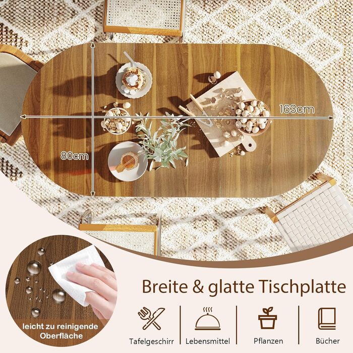 Розкладний обідній стіл GIANTEX для кухні та вітальні, дерев'яний, овальний, на 4-7 осіб, 163 x 80 x 75 см