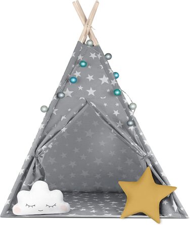 НЮКІДО Палатка для іграшок Tipi з бавовни та дерев'яним каркасом, сіра з зірками, 120x120x165 см