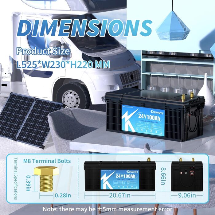 Літієва батарея 24V 100Ah LiFePO4, перезаряджається з BMS, глибокий цикл, для сонячних панелей, автофургонів, човнів, кемпінгу