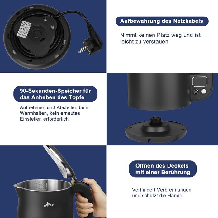 Електричний чайник Bear 1.7L з нержавіючої сталі 304, 11 температурних режимів, 1800W, захист від сухого кипіння, LCD дисплей, точне регулювання температури (40°C-100°C), BPA Free