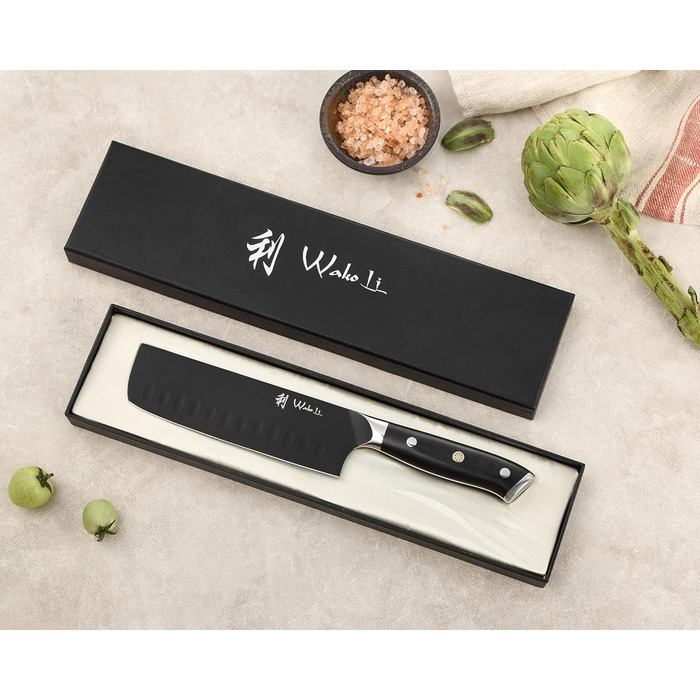 Набір кухонних ножів Wakoli Titanium Noir (5 предметів) з бруском - професійний набір ножів з титанового покриття, нержавіюча сталь, чорний, магнітний брусок, Nakiri