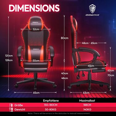 Ігровий крісло Dowinx з RGB підсвічуванням, LED, з підніжкою, для дорослих, ергономічний, з масажем попереку, PU шкіра, білий (червоний)