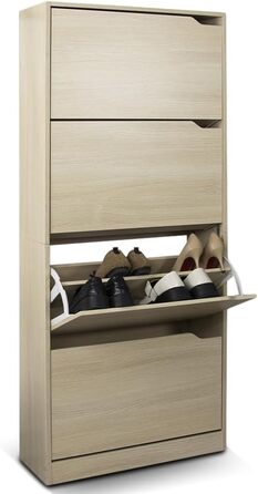 Стеллаж для взуття BAKAJI з МДФ, 4 дверцята, розкладний тримач, вбудовані ручки, подвійна глибина, компактний розмір, Slim 63 x 24 x 150 см, економія місця, для дому, зелений та дуб