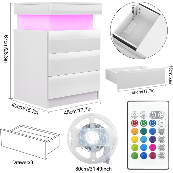 Тумбочка Lvhcmfohm з розеткою, LED підсвічування, 3 ящики, приховані розсувні шафи, 45x40x67см, біла