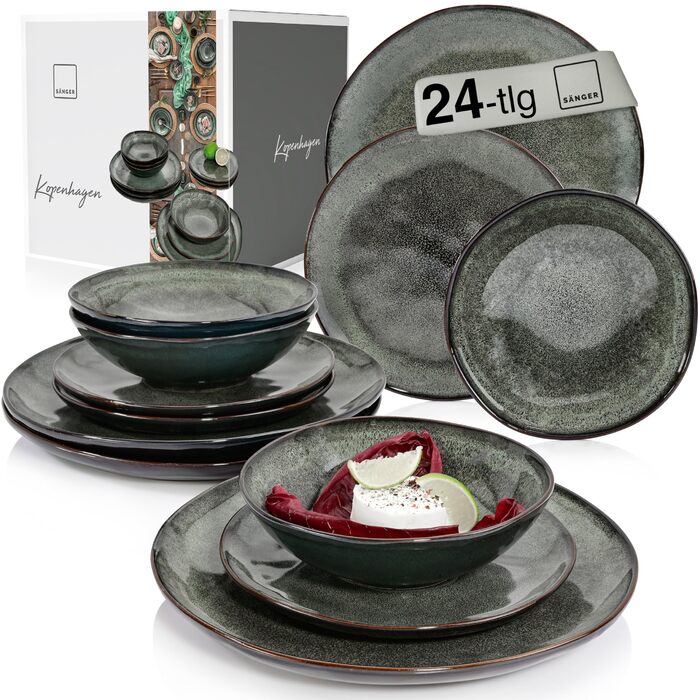 Набір посуду SÄNGER Teller Set Kopenhagen 24 шт. з кераміки для 8 осіб, сервіз включає тарілки для їжі, сніданку та супу, набір тарілок для обіду, стійкий до миття в посудомийній машині, зелений, сірий | PREMIUM COLLECTION 24 шт.