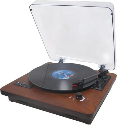 Вініловий програвач із Bluetooth, динаміками, FM-радіо, USB/SD, 33/45/78 об/хв, RCA/AUX, горіх