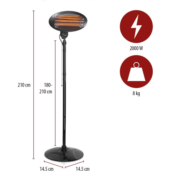 Обігрівач для патіо Tristar - 3 рівня потужності (650/1300/2000 Вт), також підходить для настінного монтажу, регулюється по висоті до 2 метрів, IPX4 захищений, KA-5287 в т.ч. підставка, KA-5287