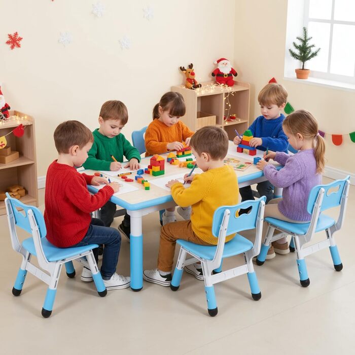 Дитячий стіл MAMIZO з 4 стільцями, регульована висота, набір для дитячої кімнати/садочка, пластикові меблі, сидіння для хлопчиків та дівчаток від 2 років (60 x 60 x 120 см, блакитний)
