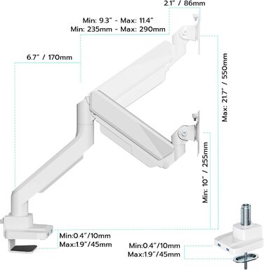 Кріплення для монітора ARES WING з USB A/C, 17'-45', регулювання висоти, білий. Підтримка VESA 100/75 мм, максимальне навантаження 18 кг
