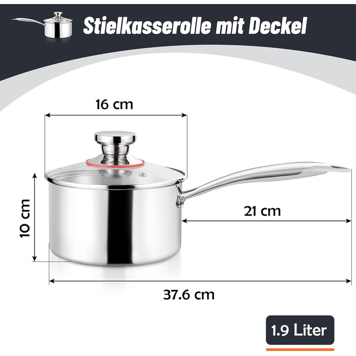 Каструля Herogo 16 см, молочник з нержавіючої сталі 1,9 л, каструля з кришкою, індукційна каструля, можна мити в посудомийній машині