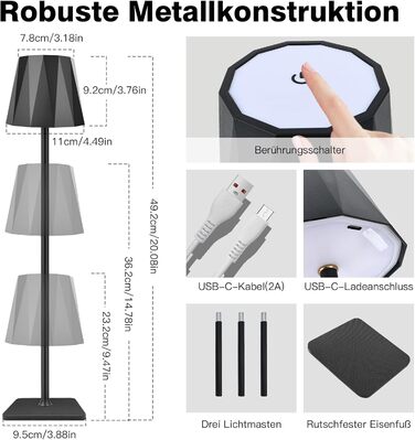 LED настільна лампа ELZO 2 шт., акумулятор 5200mAh, USB-C, регулювання висоти, 3 режими, IP54, вологостійка