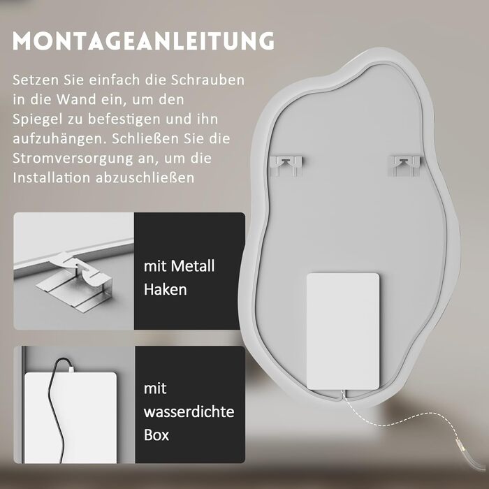 Дзеркало для ванної кімнати Badspiegel 70x50см з підсвічуванням 3 кольори, сенсорне керування, прямокутне, 62x90см, енергоклас A++