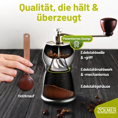 Ручна кавомолка Manuell з нержавіючою сталею, регульовані ступені помелу для еспресо, фільтр-кави та моки – компактна та міцна