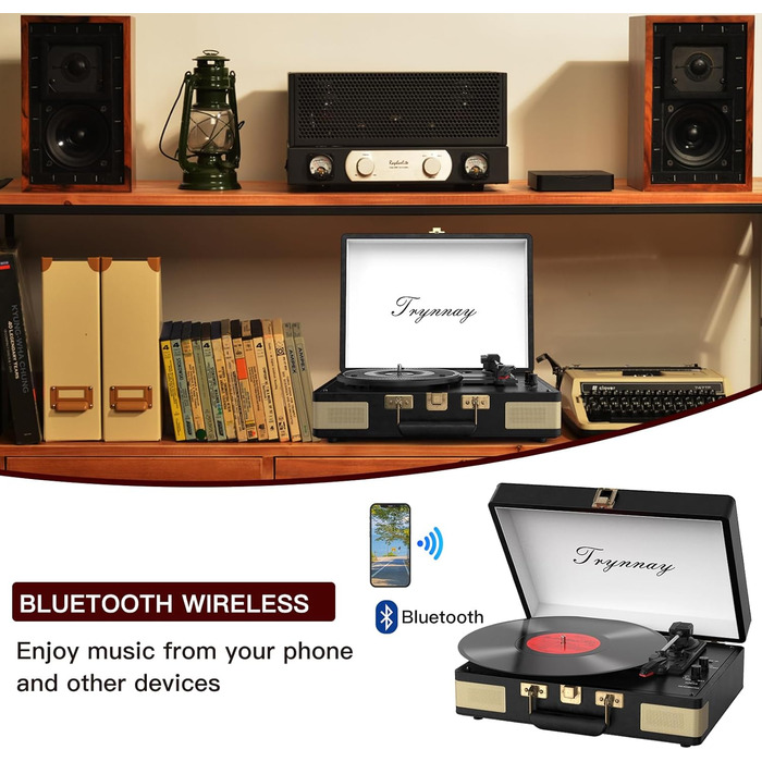 Вініловий програвач Trynnay 3-швидкісний, Bluetooth, портативний у кейсі, з вбудованими динаміками, покриття з PU-шкіри, ретро чорний