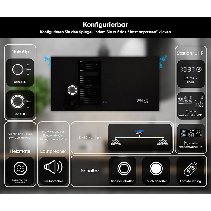 Дзеркало для ванної кімнати Artforma з підсвічуванням, 120x70 см, без рами, сучасний дизайн, індивідуальне замовлення