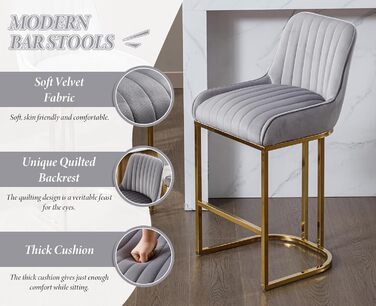 Набір з 2 барних стільців з велюру з золотистими металевими ніжками, з підлокітниками, для кухонного острова/домашнього бару, сірий