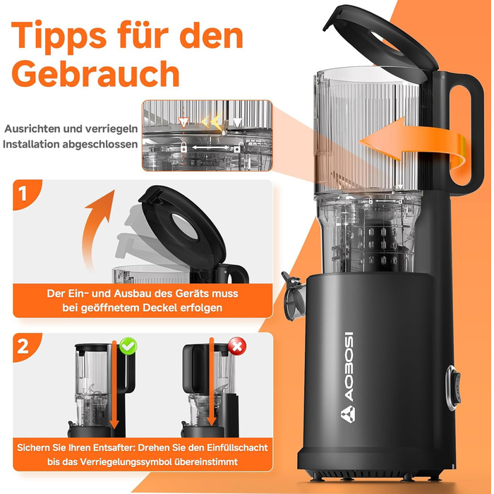 AOBOSI Повільнодіючий соковитискач з великою завантажувальною воронкою 135 мм, 200 Вт, холодний віджим, зворотний хід, потрійний фільтр, BPA-free, тихий, для свіжих соків з фруктів та овочів, чорний