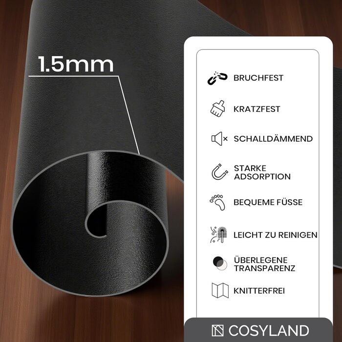 Килимок під офісний стілець COSYLAND, 120 x 150 см. Захист для підлоги, антиковзаючі, легко миються. Підходить для твердих підлог, ламінату, паркету (Чорний)