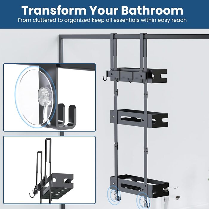 Настінна поличка для душу YEAUPE PRO з 3 ярусами – органайзер для ванної кімнати без свердління, чорний, до 18 кг