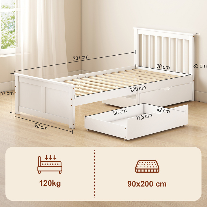 Ліжко одинарне, дерев'яний каркас, ящики на колесах, не потребує ламелей, 90 x 200 см, білий