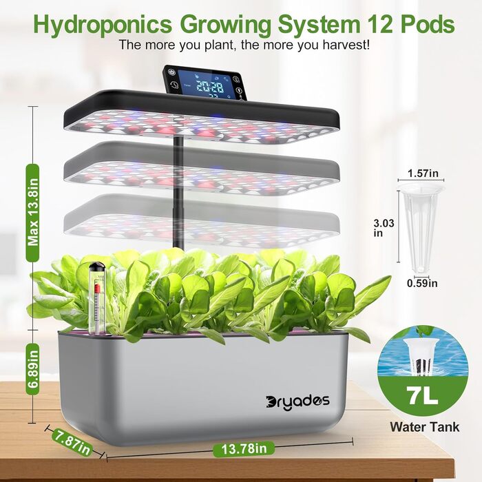 Гідропонна система вирощування 12 капсул, розумний сад для трав з LED-лампою повного спектру 24W, для дому/офісу/школи (сріблястий), 12 капсул - сріблястий