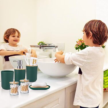 Набір аксесуарів для ванної кімнати SLDIYWOW 9 шт. темно-зелений: мідний відрі, піднос, дозатор мила, тримач для зубних щіток, стакан для зубних щіток, мильниця, WC-щітка, тримач для ватних паличок