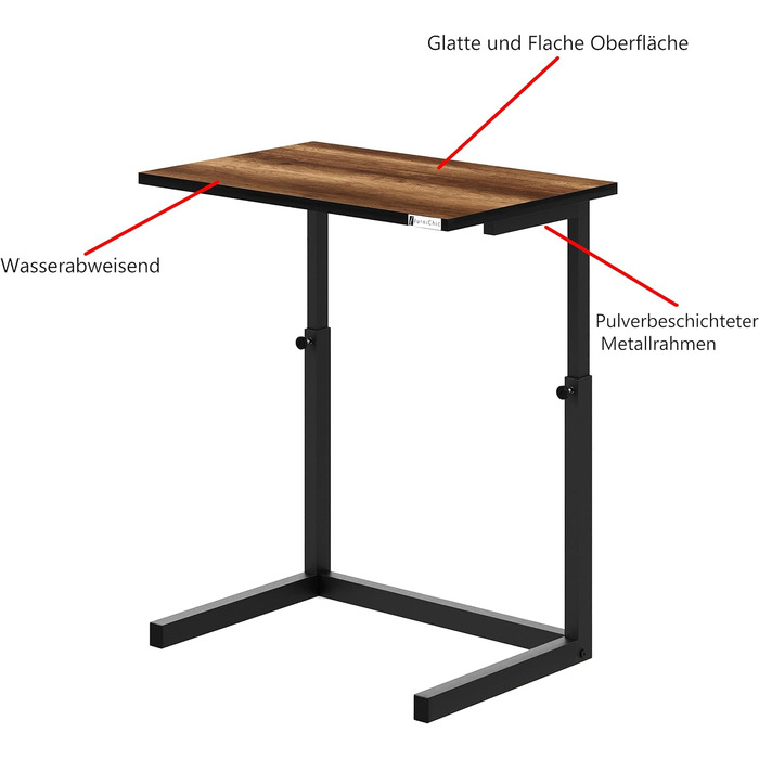 Столик для ноутбука furniChic, Столик-зошит для дивана, Журнальний столик, Журнальний столик регульований по висоті, Металевий каркас, 60x40x43-73см (ШxГxВ), Сертифікат E1 (горіхове бароко)