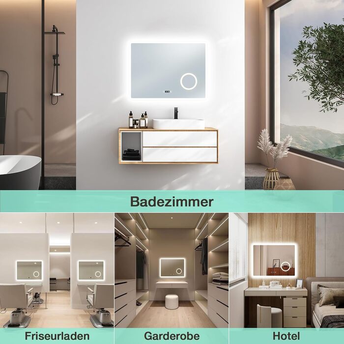 Дзеркало для ванної кімнати з LED-підсвічуванням GIMBELEN 80x60 см, прямокутне, сенсорне управління, регульована яскравість, 3 кольори світла, антизапарник, для вертикального/горизонтального монтажу