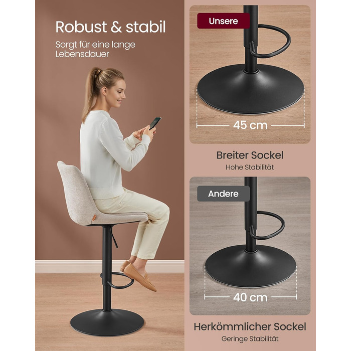 Барні стільці VASAGLE 2 шт., регульовані по висоті, обертаються, зі спинкою та підніжкою, для кухні, їдальні, бару, сталеві, LJB195G02 (кремово-білий, фланель)