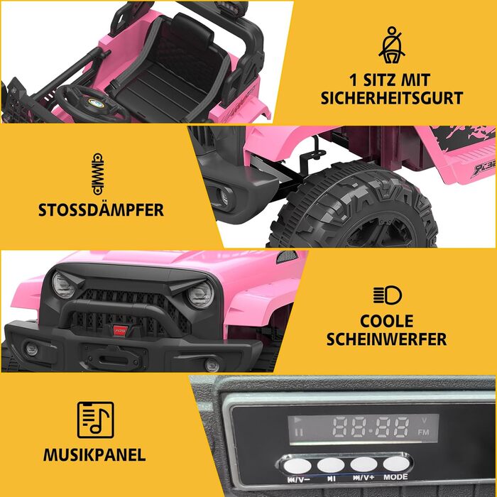 Дитячий електромобіль 12V з пультом, Bluetooth, LED, амортизацією, для дітей 3-8 років, білий/рожевий