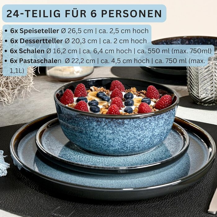 Набір посуду SÄNGER Steingut 18 предметів: 6 тарілок, 6 мисок, 6 десертних тарілок, блакитний колір з чорним бордюром, стійкий до подряпин. VALUE COLLECTION (Осака)