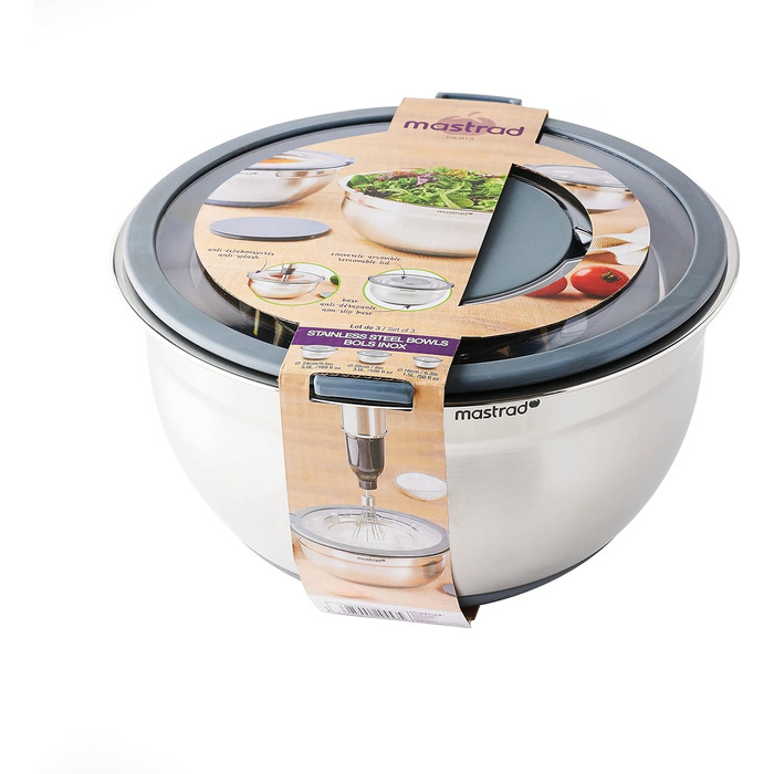 Набір міксерів Mastrad з нержавіючої сталі (3 шт.): 1,5L / 3L / 5L - салатниці з прозорим кришкою та ручками, для змішування, випічки, приготування та зберігання продуктів, придатні для миття в посудомийній машині