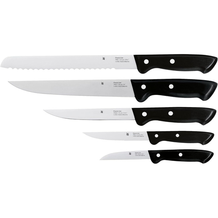 Набір ножів WMF Classic Line з бруском та кухонними ножами (6 шт.) та кухонними ножицями 21 см, ножиці для кухні з зубчастим лезом, ножиці для дому, нержавіюча сталь, пластикова ручка, універсальні ножиці з відкривачкою