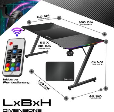 Ігровий стіл KESSER® LED 160x60 см з Z-подібною формою | З кріпленням для навушників та вуглецевим покриттям | Ергономічний стіл для ПК | Чорний, з тримачем для напоїв