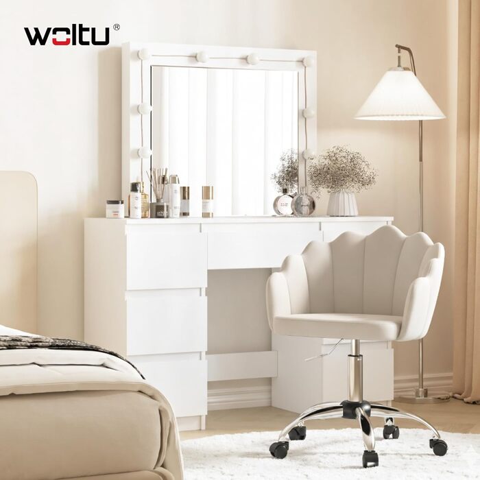 Крісло WOLTU для офісу та дому, крісло до туалетного столика з м'якою спинкою у вигляді пелюсток, поворотне з роликами, регульоване по висоті, для робочого кабінету, спальні, оксамит, бежевий