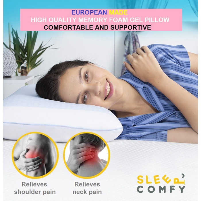 Ортопедична подушка для сну Comfy Premium Gel Memory Foam з гелевим охолодженням, 60x40x14/12 см. Підтримка шиї, для тих, хто спить на боці та на спині.