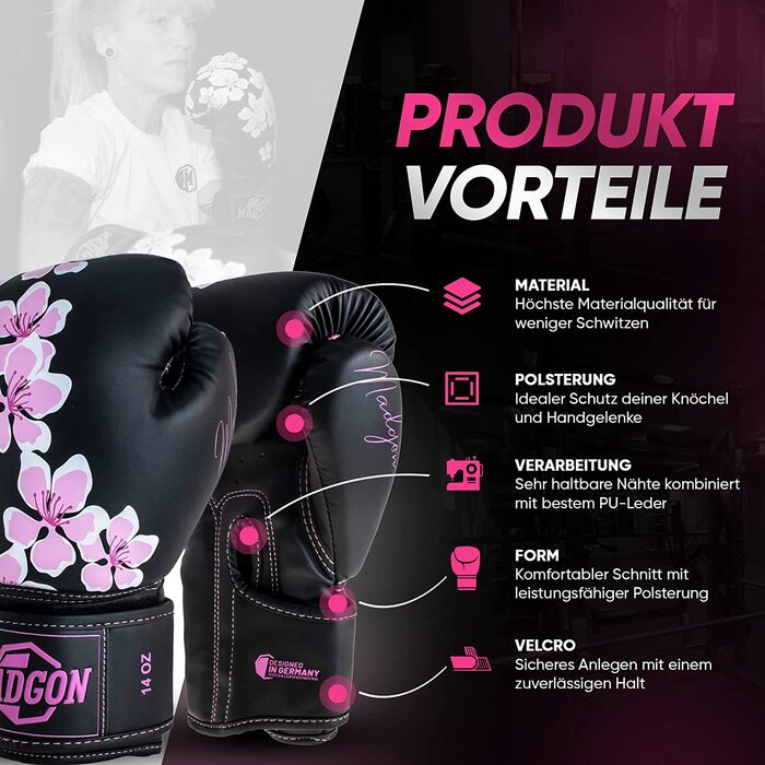 Жіночі боксерські рукавички преміум-класу MADGON - жіночі рукавички для кікбоксингу, бойових мистецтв, ММА, спарингу, Муай Тай, боксу (14 унцій, Blossom)