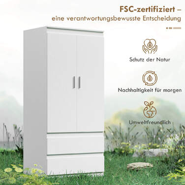 Шафа для спальні з 2 дверцятами, 2 висувними ящиками та 3 полицями, виготовлена з дерева, білого кольору