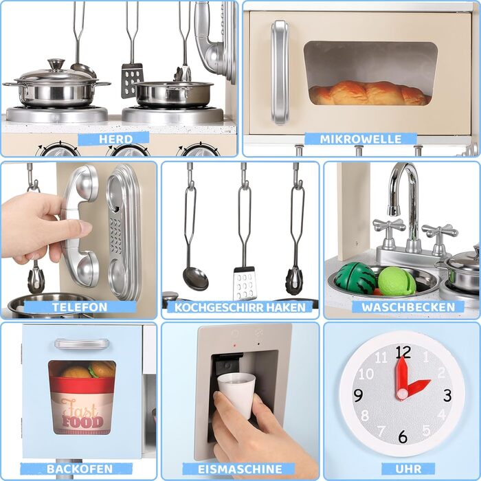 Дерев'яна дитяча кухня Mamizо з аксесуарами, 81x74x30 см, з підсвіткою та звуком, для дітей від 3 років, біло-блакитна