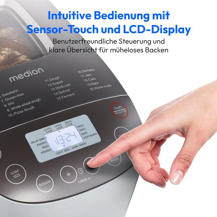 Хлібопекарня MEDION MD 12040: 20 програм, 1600г, 3 ступені пропікання, таймер