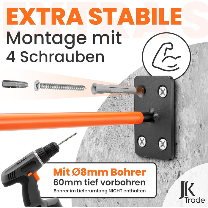 Набір кріплень для шин на стіну JK Trade® (4 шт.) з комплектом гвинтів та дюбелів. Захист для коліс, гачок для кріплення шин, садового інвентарю, легкосплавних дисків. Макс. навантаження 40 кг (Помаранчевий V1)