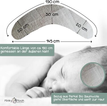 Подушка для годування Stillkissen XXL з органічної бавовни та наповнювачем з капоку | велика подушка для годування та пляшечки | вагітна подушка для сну на боці | антиалергенна та тиха | 190x30 см, кремовий колір, перкал